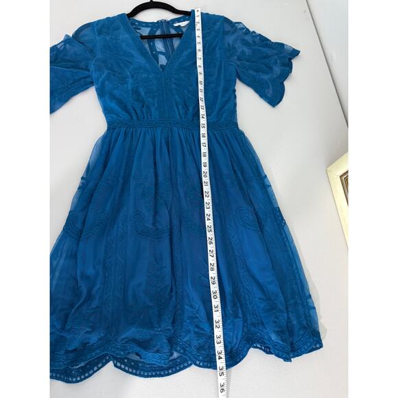 Altar'd State Dark Teal Blue Boho Lace Flutter Sleeve Short Mini Dress Small - Picture 6 of 9